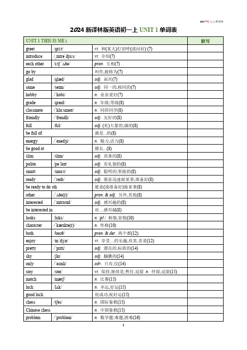 2024译林版英语初一上Unit 1 This is me!单词表