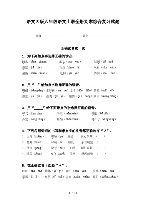 语文S版六年级语文上册全册期末综合复习试题