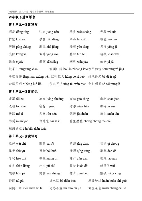 人教版小学语文四年级下册词语表(带拼音)