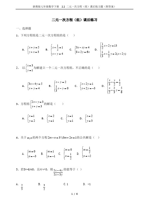 浙教版七年级数学下册  2.2 二元一次方程(组)课后练习题(附答案)