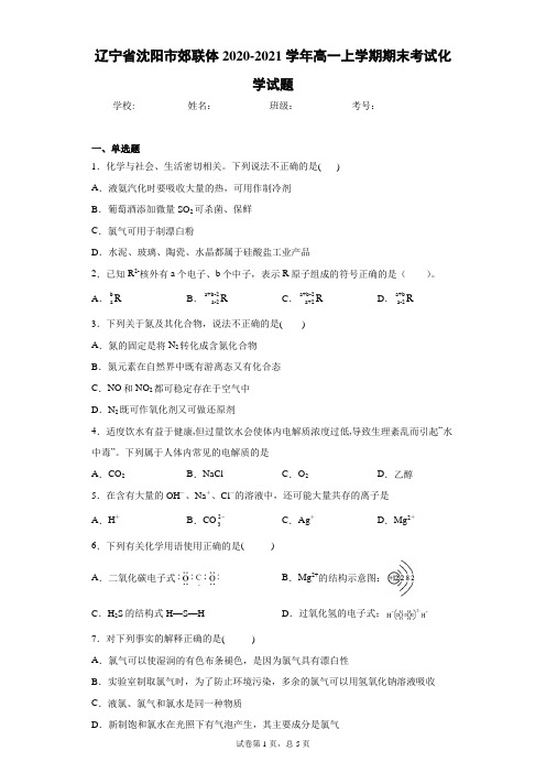 辽宁省沈阳市郊联体2020-2021学年高一上学期期末考试化学试题