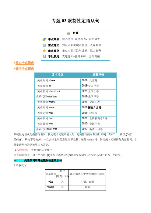 专题03限制性定语从句(知识讲解高考必考题型练习)(原卷版)