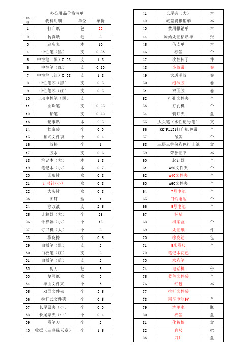 办公用品价格清单