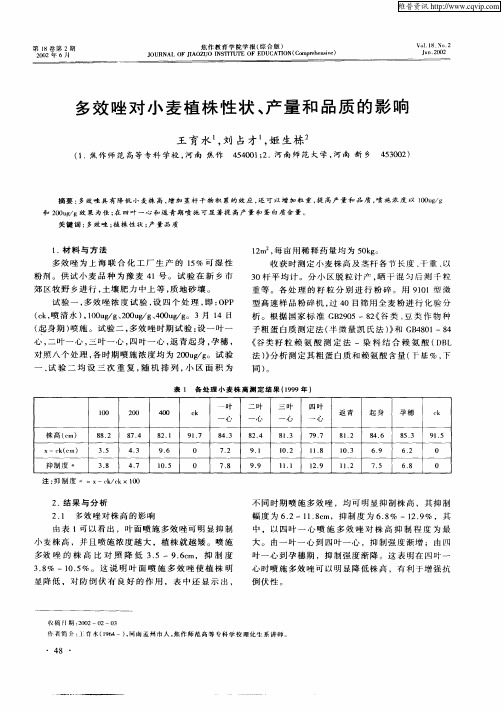 多效唑对小麦植株性状、产量和品质和影响