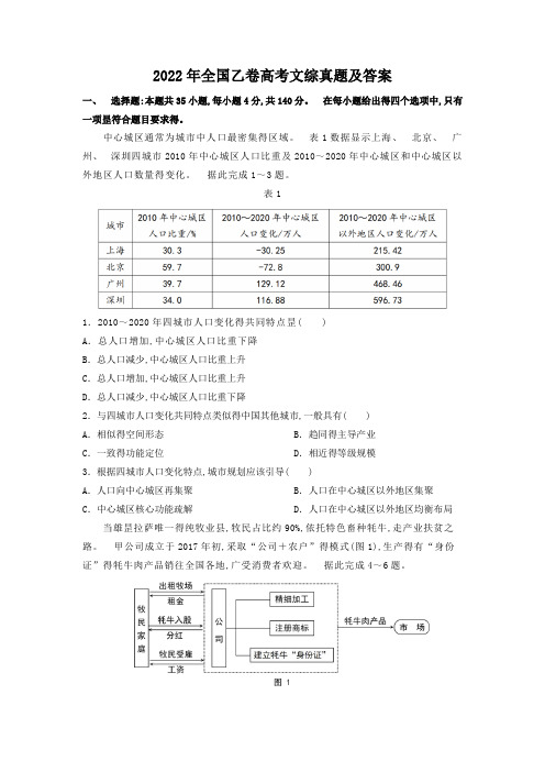 2022年全国乙卷高考文综真题及答案