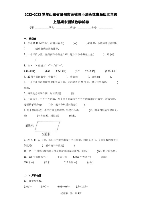 2022-2023学年山东省滨州市无棣县小泊头镇青岛版五年级上册期末测试数学试卷(含答案解析)