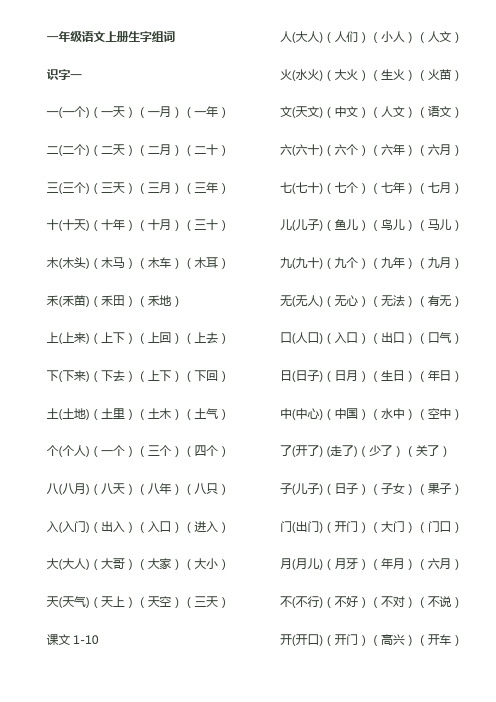 一年级语文上册一类字组词集