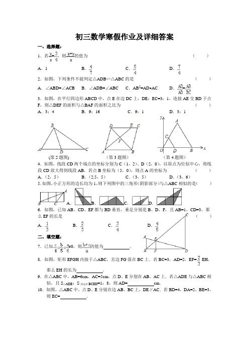 初三数学寒假作业及详细答案