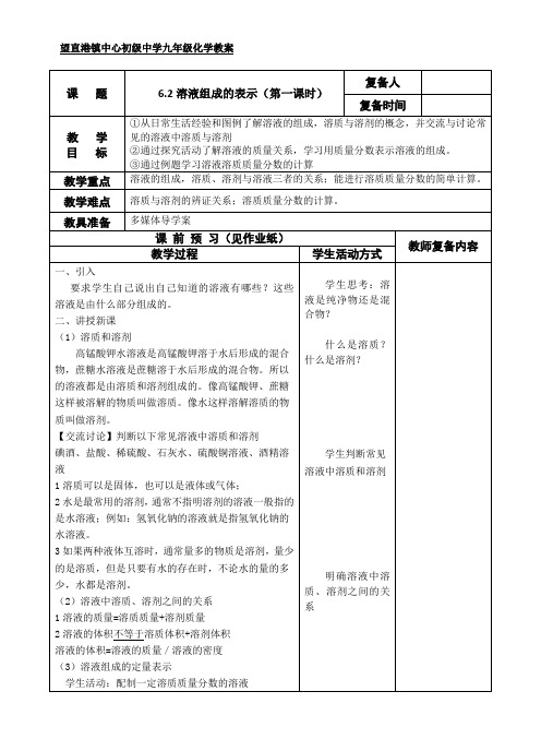 6.2溶液组成的表示(第1课时)-教案-沪教版化学九年级下册