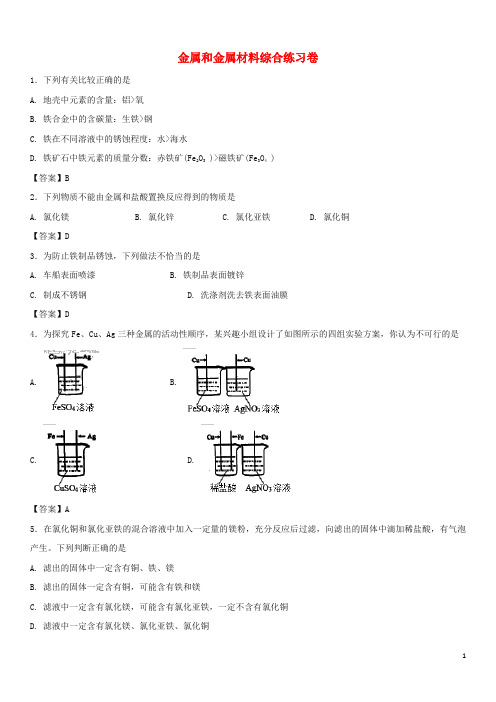 2018年中考化学重要考点 金属和金属材料综合练习卷