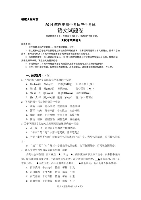 2014年恩施州初中毕业学业考试适应性考试语文试题