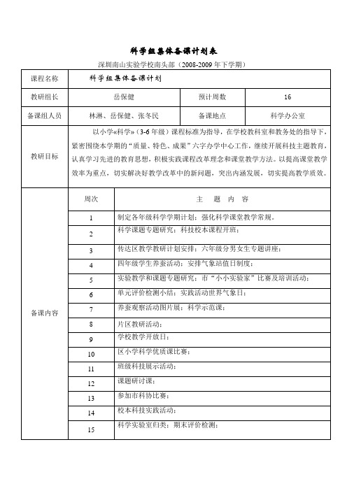 科学组集体备课计划表