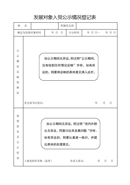 发展对象入党公示情况登记表