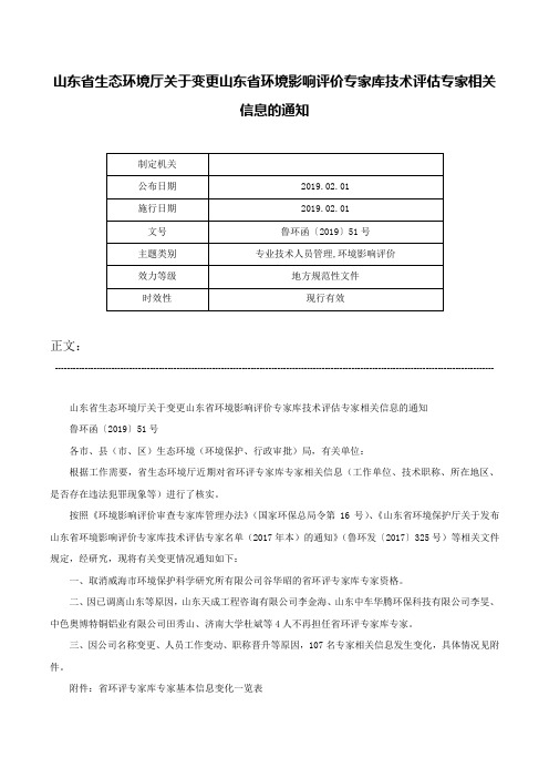 山东省生态环境厅关于变更山东省环境影响评价专家库技术评估专家相关信息的通知-鲁环函〔2019〕51号