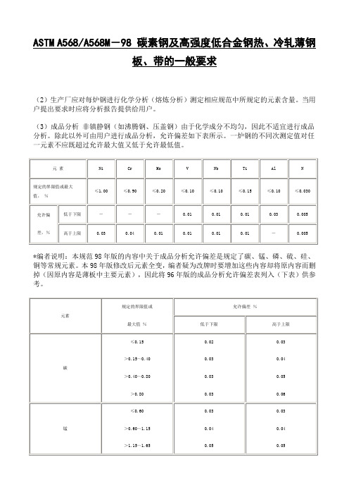 ASTM A568M-98 碳素钢及高强度低合金钢热、冷轧薄钢板、带的一般要求