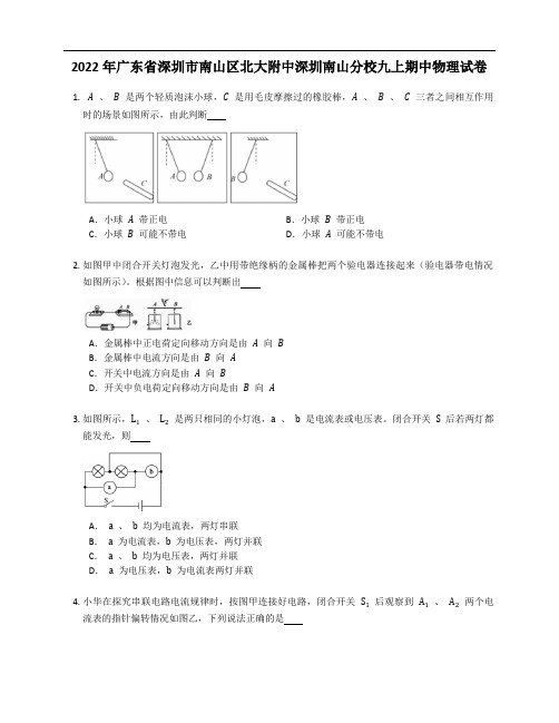 2022年广东省深圳市南山区北大附中深圳南山分校九年级上学期期中物理试卷(含答案)