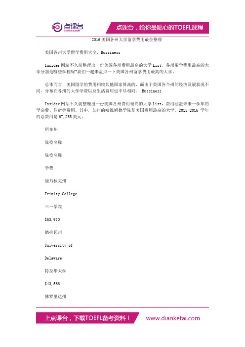 2016美国各州大学留学费用最全整理