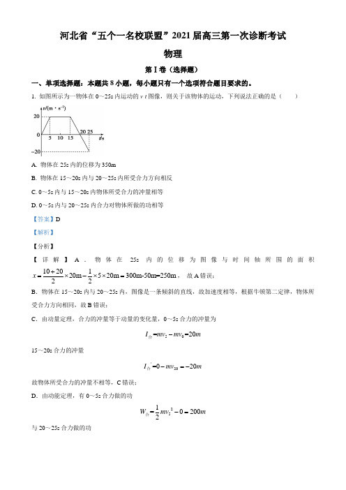 2021届河北省“五个一名校联盟”高三(上)第一次诊断考试物理试题(解析版)