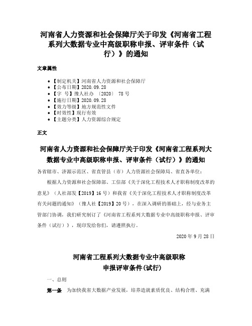 河南省人力资源和社会保障厅关于印发《河南省工程系列大数据专业中高级职称申报、评审条件（试行）》的通知