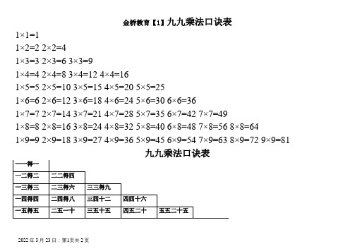 九九乘法口诀表(全word打印版)