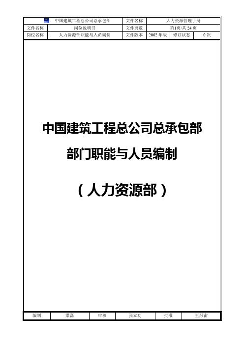 中国建筑工程总公司总承包部部门职能与人员编制