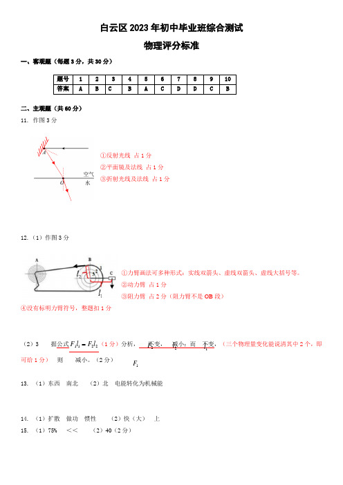 2023年广州市白云区物理中考一模参考答案