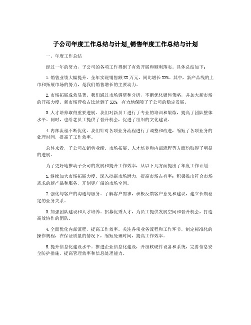 子公司年度工作总结与计划_销售年度工作总结与计划