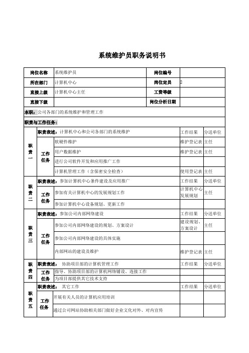 电力公司系统维护员岗位说明书