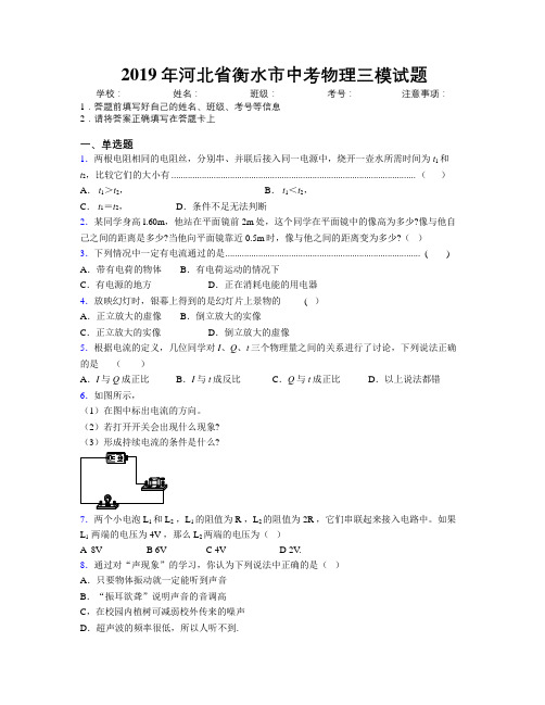 2019年河北省衡水市中考物理三模试题附解析