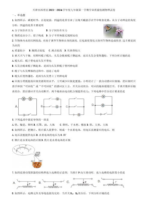 天津市西青区2023-2024学年九年级上学期期末学习质量检测物理试题(含答案)