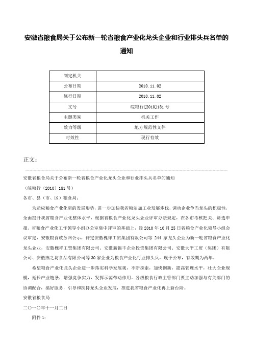 安徽省粮食局关于公布新一轮省粮食产业化龙头企业和行业排头兵名单的通知-皖粮行[2010]181号_1