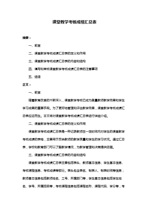 课堂教学考核成绩汇总表