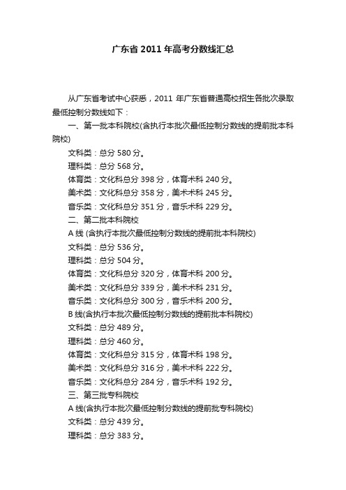 广东省2011年高考分数线汇总