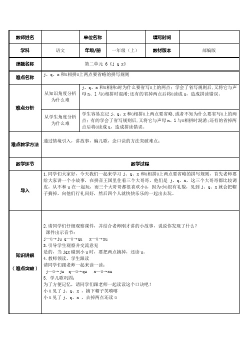 人教版(部编版)小学语文一年级上册 j、q、x和ü相拼ü上两点要省略的拼写规则 名师教学教案