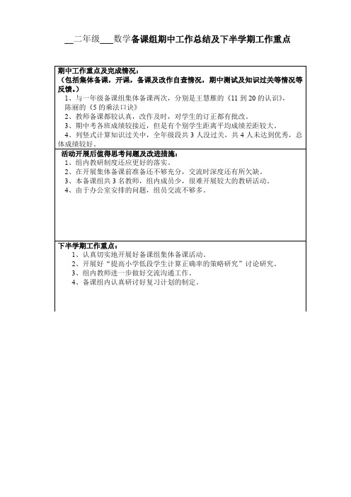 2019二年级数学第一学期期中工作总结及下半学期工作重点(人教版)【新版】