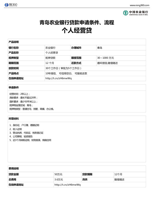 《个人经营贷》青岛农业银行-房屋抵押贷款-申请条件、材料、流程、利率