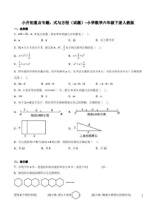 小升初重点专题：式与方程(试题)-小学数学六年级下册人教版