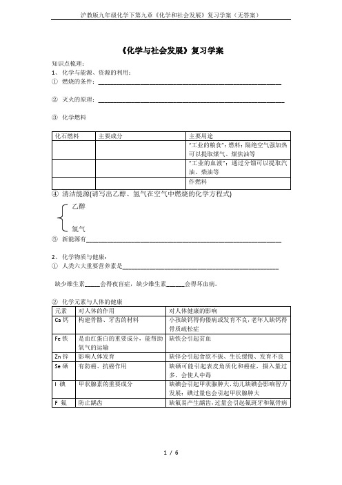 沪教版九年级化学下第九章《化学和社会发展》复习学案(无答案)