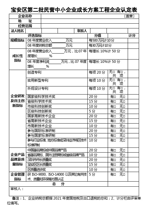 宝安区第二批民营中小企业成长计划工程企业认定表