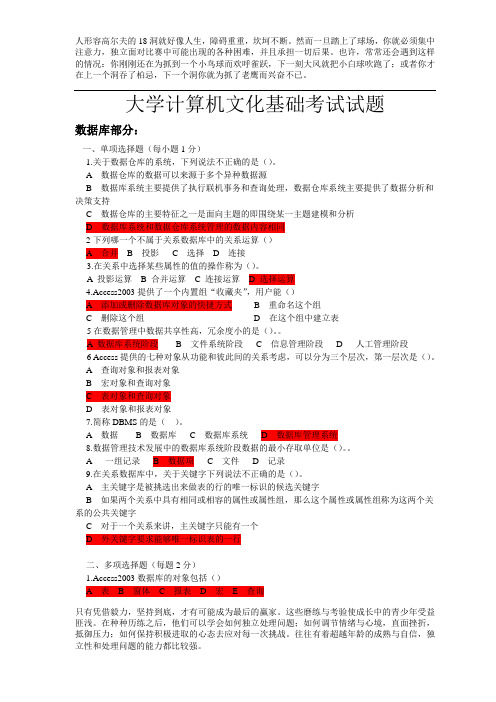 大学计算机文化基础考试题(本科)数据库部分