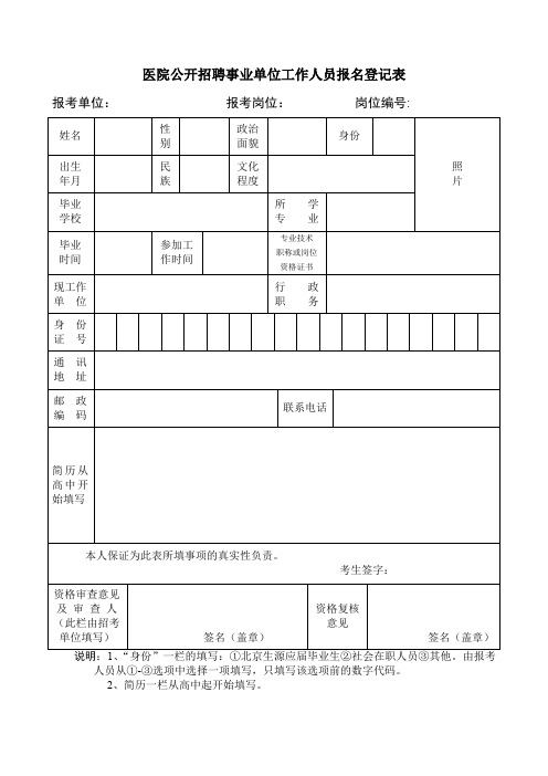 医院公开招聘事业单位工作人员报名登记表