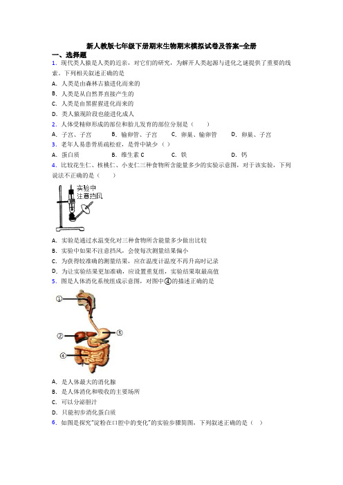 新人教版七年级下册期末生物期末模拟试卷及答案-全册