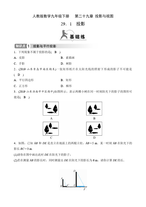 人教版数学九年级下册课时练   第二十九章 投影与视图  29.1 投影