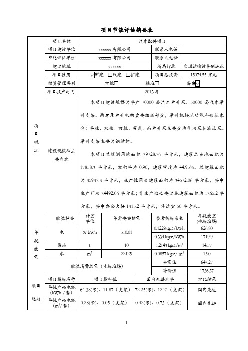 汽车配件项目节能评估报告书