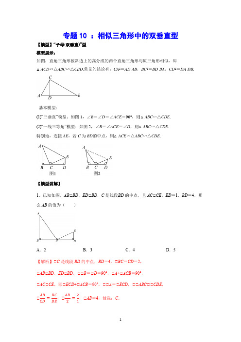 专题10 ：相似三角形中的双垂直型 教师版