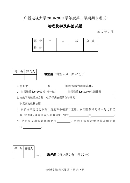 物理化学及实验(A卷)-成人2018-2019学年度第二学期期末考试试题及答案