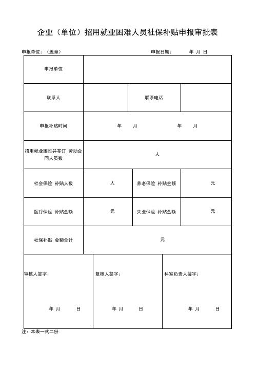 企业单位招用就业困难人员社保补贴申报审批表