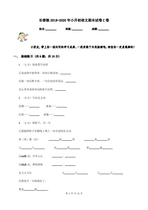 长春版2019-2020年小升初语文期末试卷C卷