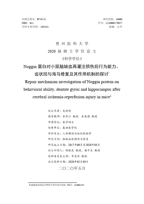 Noggin蛋白对小鼠脑缺血再灌注损伤后行为能力、齿状回与海马修复及其作用..