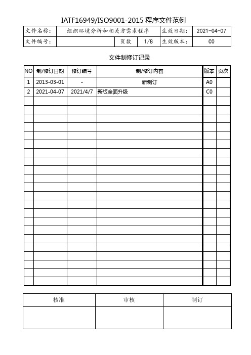 IATF16949组织环境分析和相关方需求程序